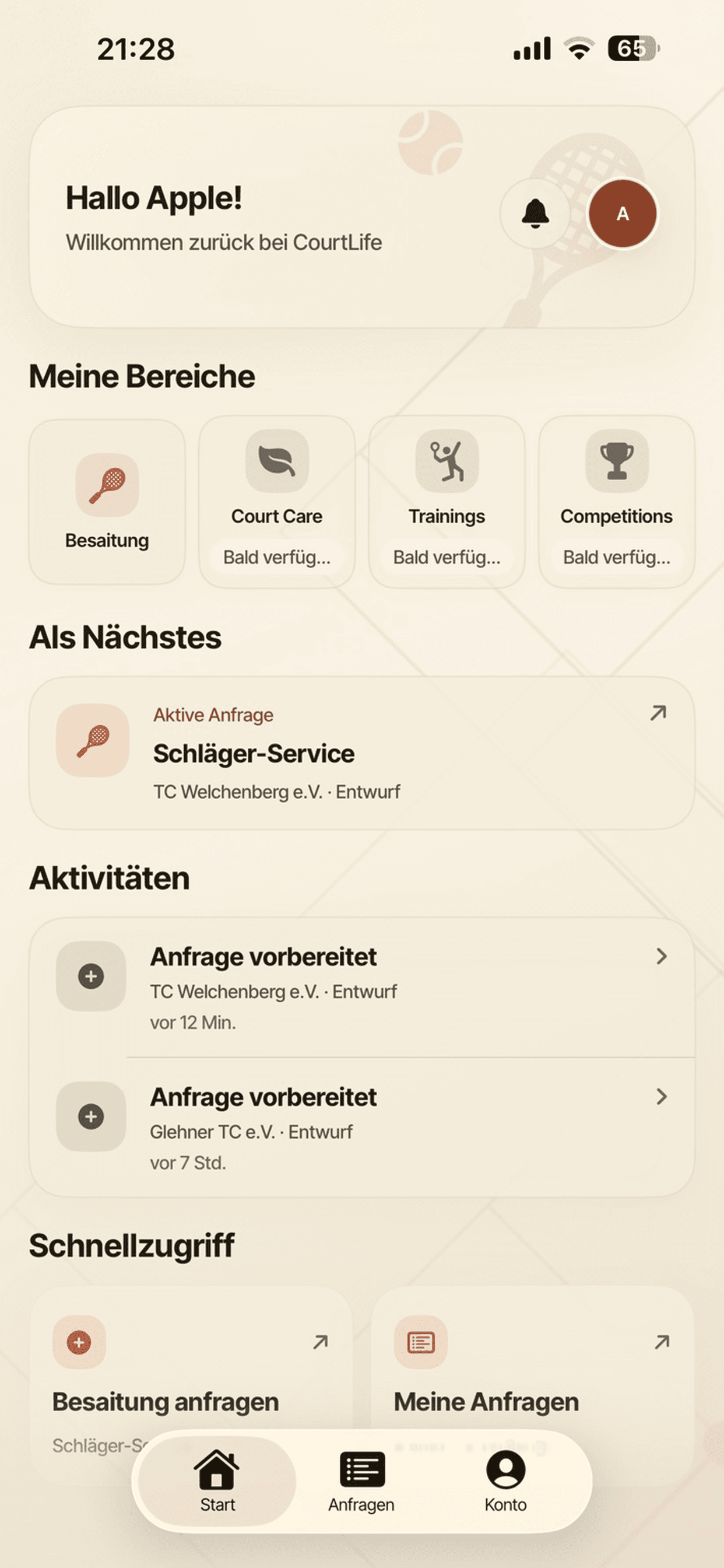 CourtLife Startansicht auf dem iPhone