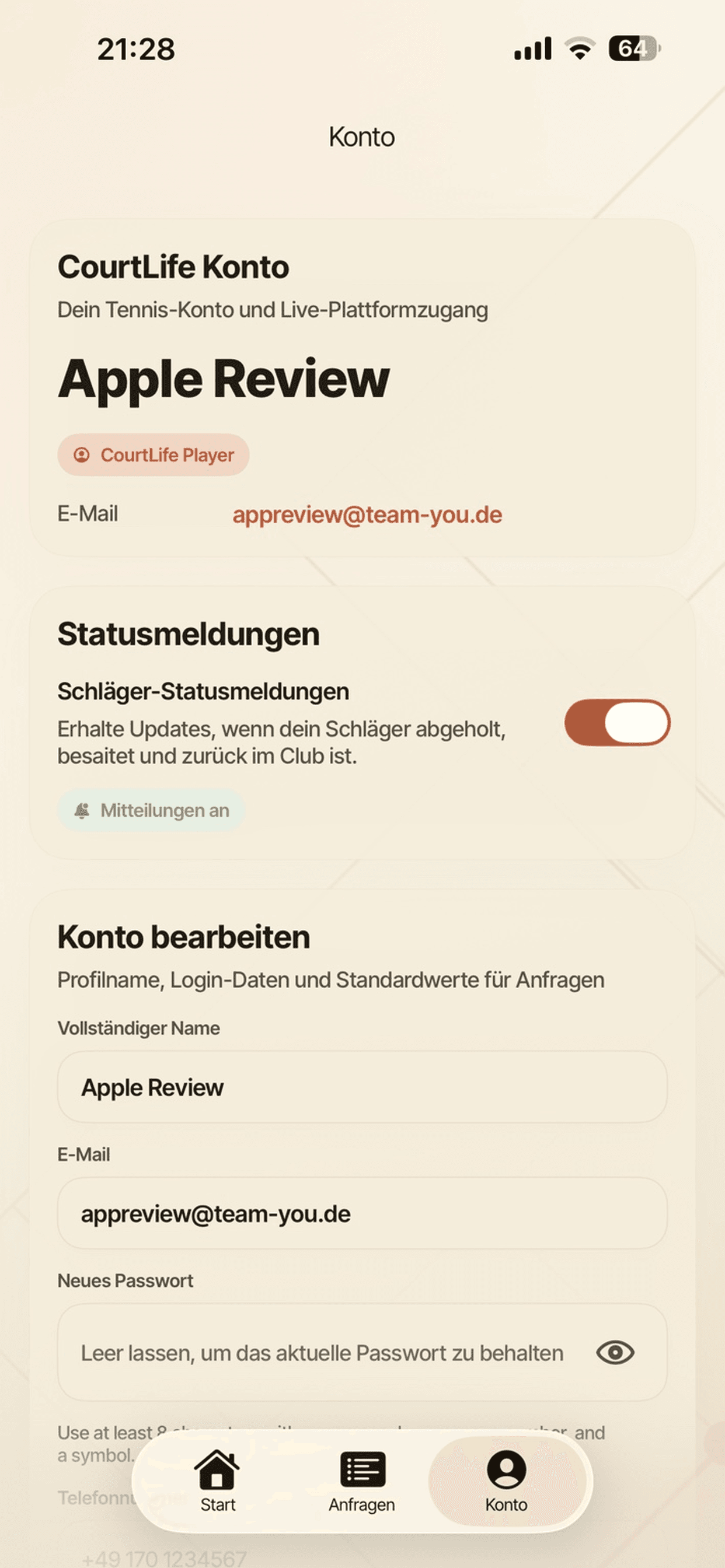 CourtLife Kontoverwaltung auf dem iPhone